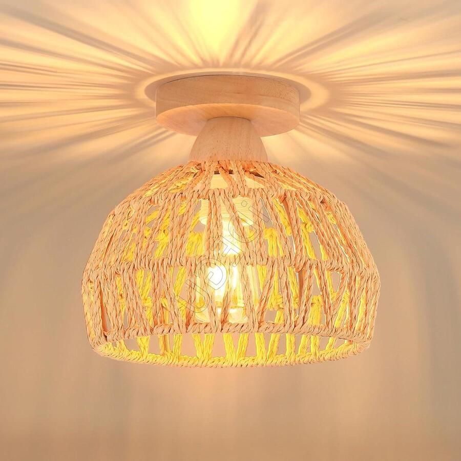 Vintage industrieel houten en rotan kroonluchter E27 verlichting 20 cm rotan