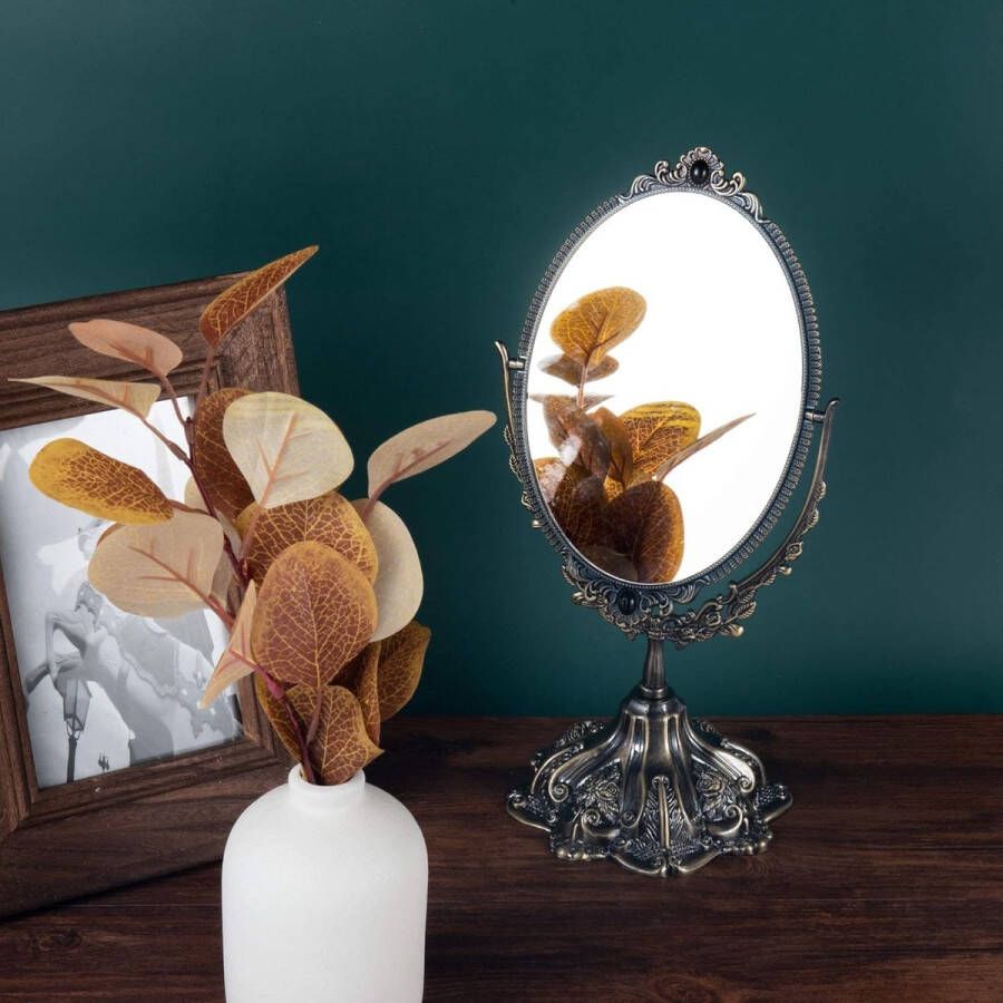 Vintage Kleine Tafelblad Spiegel Dubbele Side Roterende Retro Metalen Make-up Spiegel voor Vanity Dressing Tafel Slaapkamer