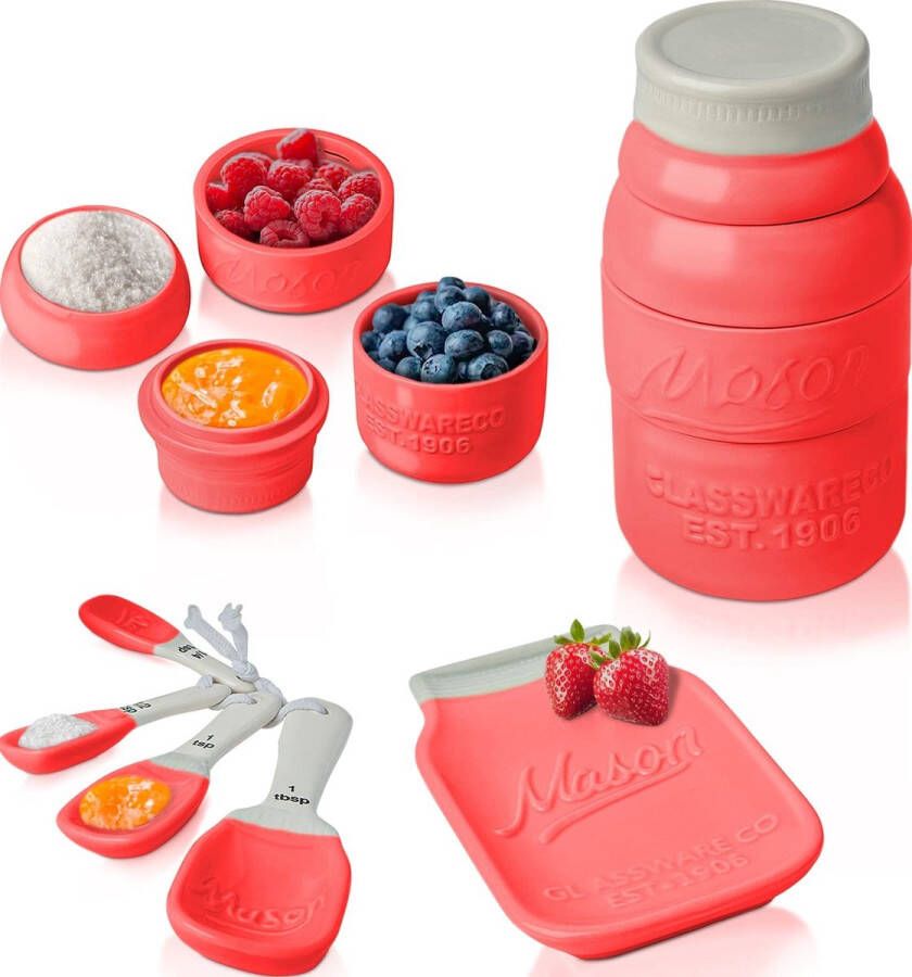 Vintage Mason Jar Kitchenware Set van Comfify Multi-Piece Kitchen Ceramic Décor Set met 4 maatbekers 4 maatlepels en Spoon Rest Aantrekkelijke Vintage Style in koraal Embossed Ceramic