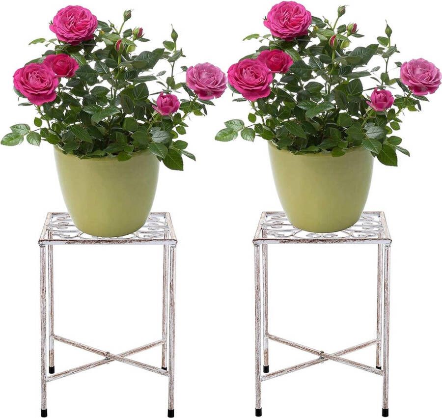 Vintage plantenkruk van ijzer bloementrap tuinrek plantenrek decoratie voor balkons binnenplaatsen tuinen (2 stuks wit rond)