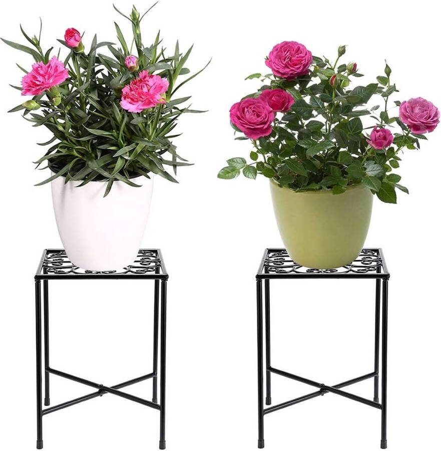 Vintage plantenkruk van ijzer bloementrappen tuinrek plantenrek decoratie voor balkons binnenplaatsen tuin (2 stuks zwart vierkant)