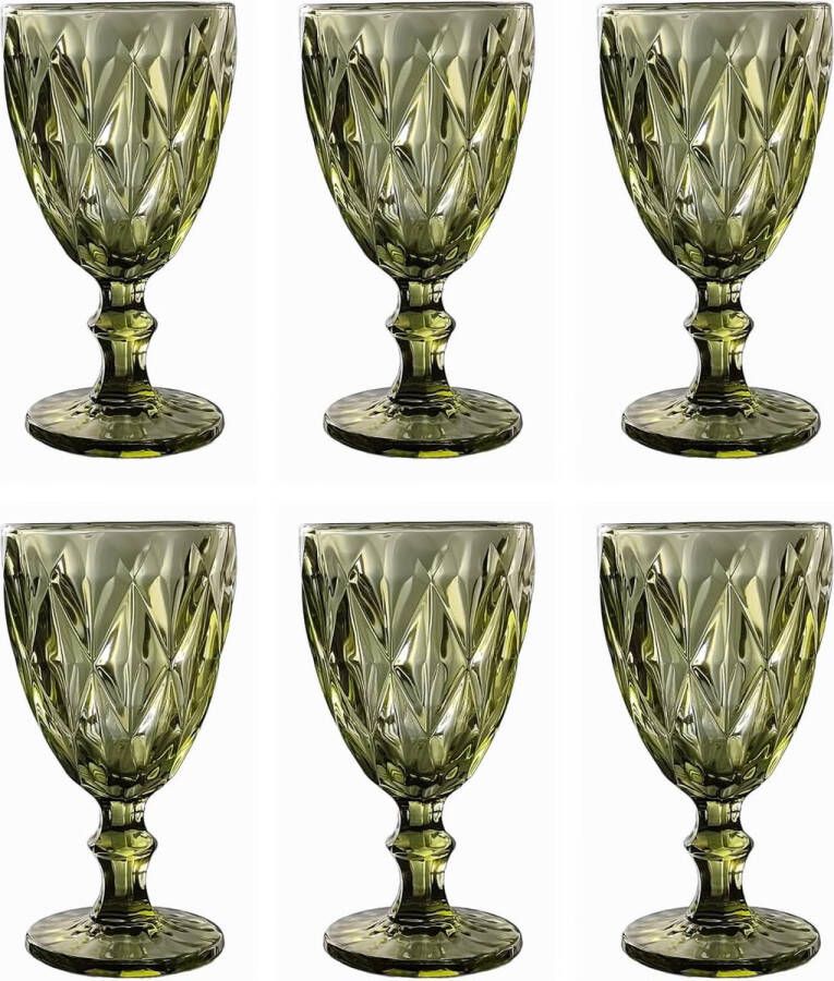 Vintage set van 6 gekleurde wijnglazen drinkglazen met reliëf (rombos groen 250 ml) bruiloftsglazen champagneglazen karaf dessertkom glazen kelk drinkglas wijnglas waterglas