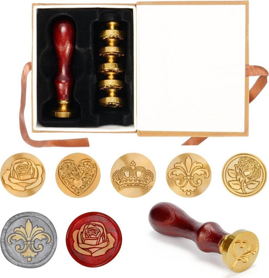 Vintage Wax Zegel Stempel Set Belle Vous Stempels in Bloem Hart & Kroon Design 7 Stuks met Houten Handvat voor Enveloppen & Huwelijksuitnodigingen