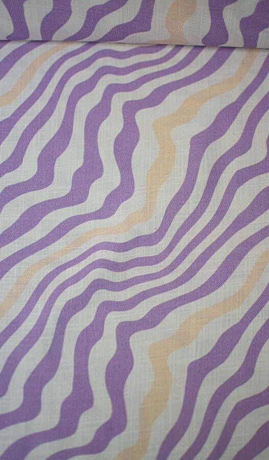 Viscose met linnenlook ecru met lila en gele golven 1 meter modestoffen voor naaien stoffen