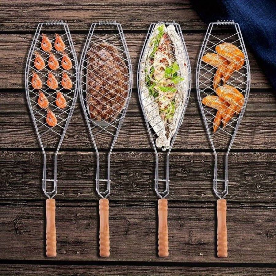 Visrooster BBQ 1 Visrooster met Houten Handvat Klem Grill Metaal 60 x 13 5 x 1 cm Draagbare Visklem met Gespbevestiging Grillrooster voor Vis en Groenten
