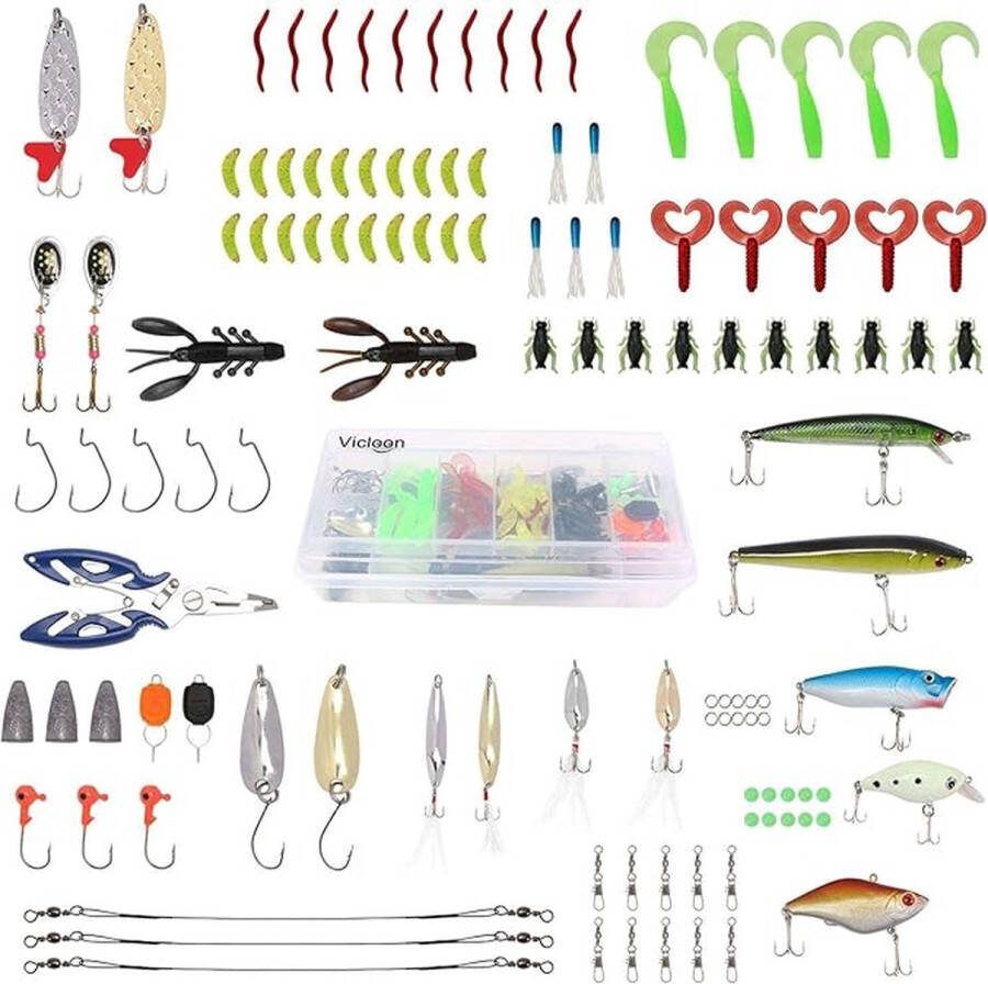 Vissenaccessoires kit Vis set Kunstaas Tackel box Visgerei set Hengel set Visdoos Aas box Kunstaas set Gemengd visaas Spinners Blinkers Pluggen Vissen Haak Tangen etc All in one kit 120 stuks