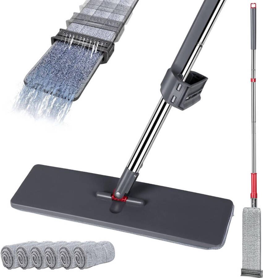 Vlakmop 130cm vlakmop met 6 dweilpads en roestvrijstalen handgreep dweil met wringfunctie microvezel vloermop voor hardhout tegels laminaat marmer grijs + rood