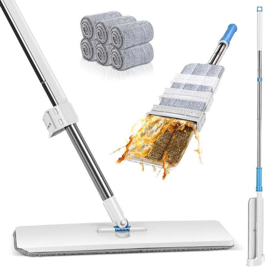 Vlakmop 132 cm roestvrijstalen handgreep vloermop met 6 microvezelpads mop met wringfunctie vlakmop voor hardhout laminaat tegels wit