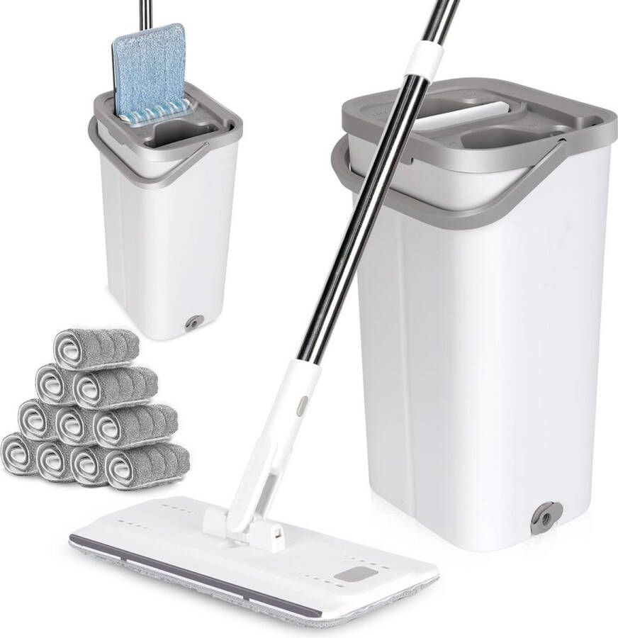 Vlakmop en emmerset microvezel vloermop met 10 moppads & RVS handgreep handsfree knijpmop met wringfunctie schoonmaakemmerset voor tegels marmer hardhout