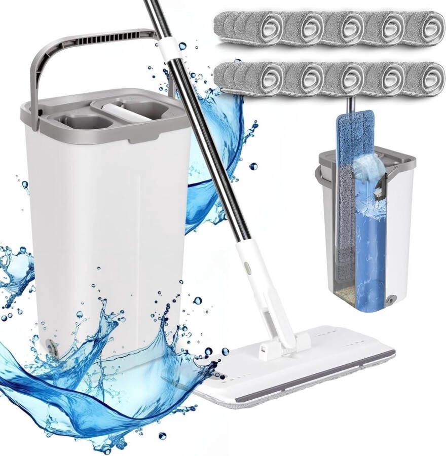 Vlakmop- en reinigingsemmerset 140 cm vloermop set met 10 microvezelmoppads 2-in-1-mop met wringfunctie voor nat en droog gebruik wit