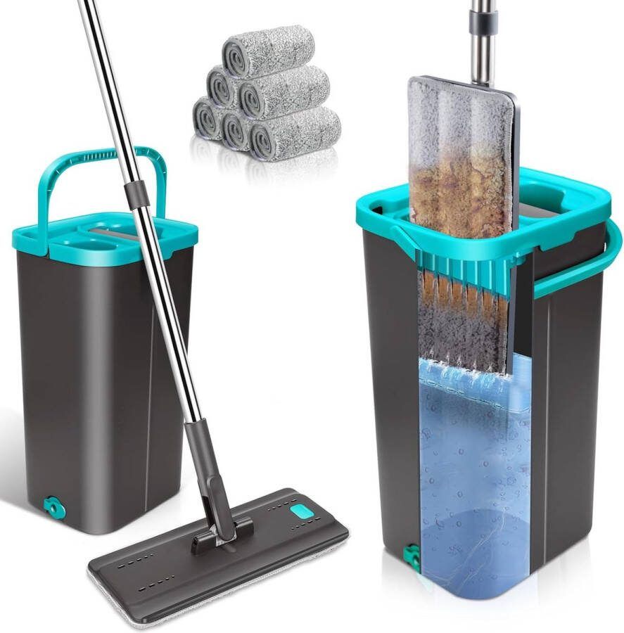 Vlakmop met emmer vloermopset 140 cm met 6 microvezelmoppads en roestvrijstalen handgreep mop met wringfunctie voor vloerreiniging nat en droog gebruik grijs