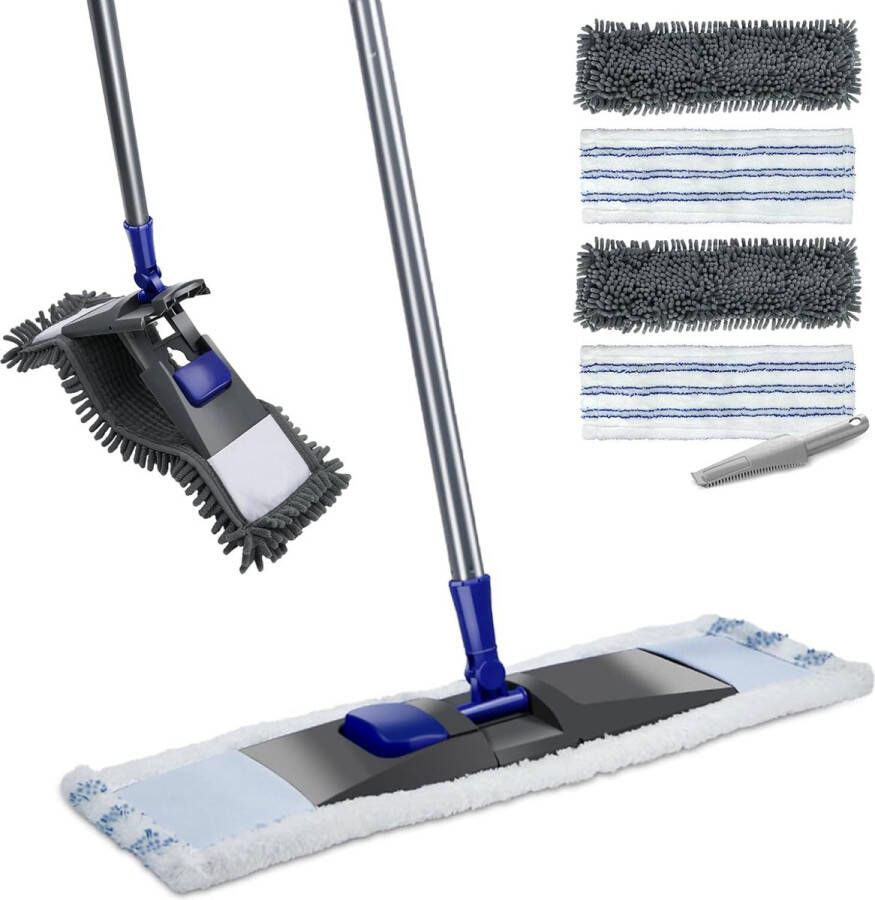 Vlakmop microvezel-vloermop 128 cm met 4 reservekoppen chenille-mop met schraper stofmop-wisserset voor snelle reiniging