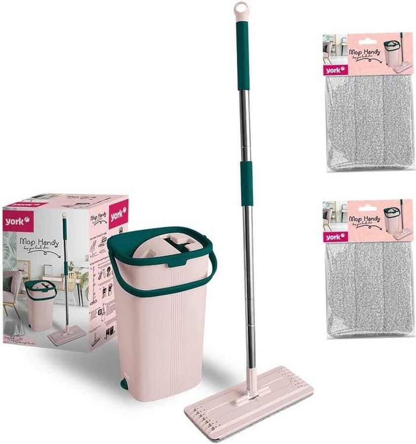 Vlakmop mobiele telefoon met steel en emmer van microvezel absorberend voor vloerreiniging zonder watervlekken roze-groen 2 extra cartridges emmercapaciteit: 6 liter lengte van het