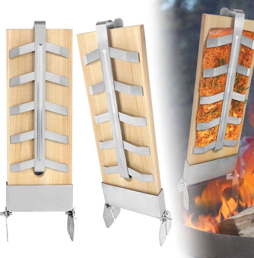Vlamzalmplank 2 x vlamzalmplanken met roestvrijstalen houder zalmplanken 5 standen instelbaar vlamzalm voor vuurschaal voor grillen outdoor grill cederhouten plank belastbaarheid tot 2 5 kg