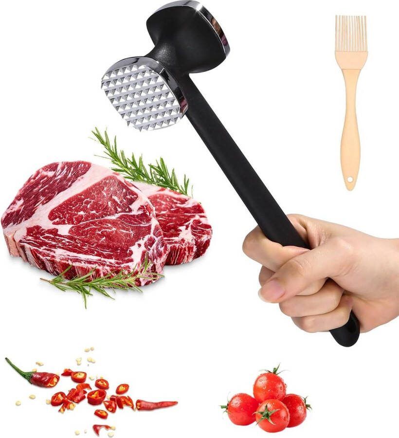 Vleeshamer anti-aanbak-snijklopper dubbelzijdig voor steak kip varken ribjes zilver