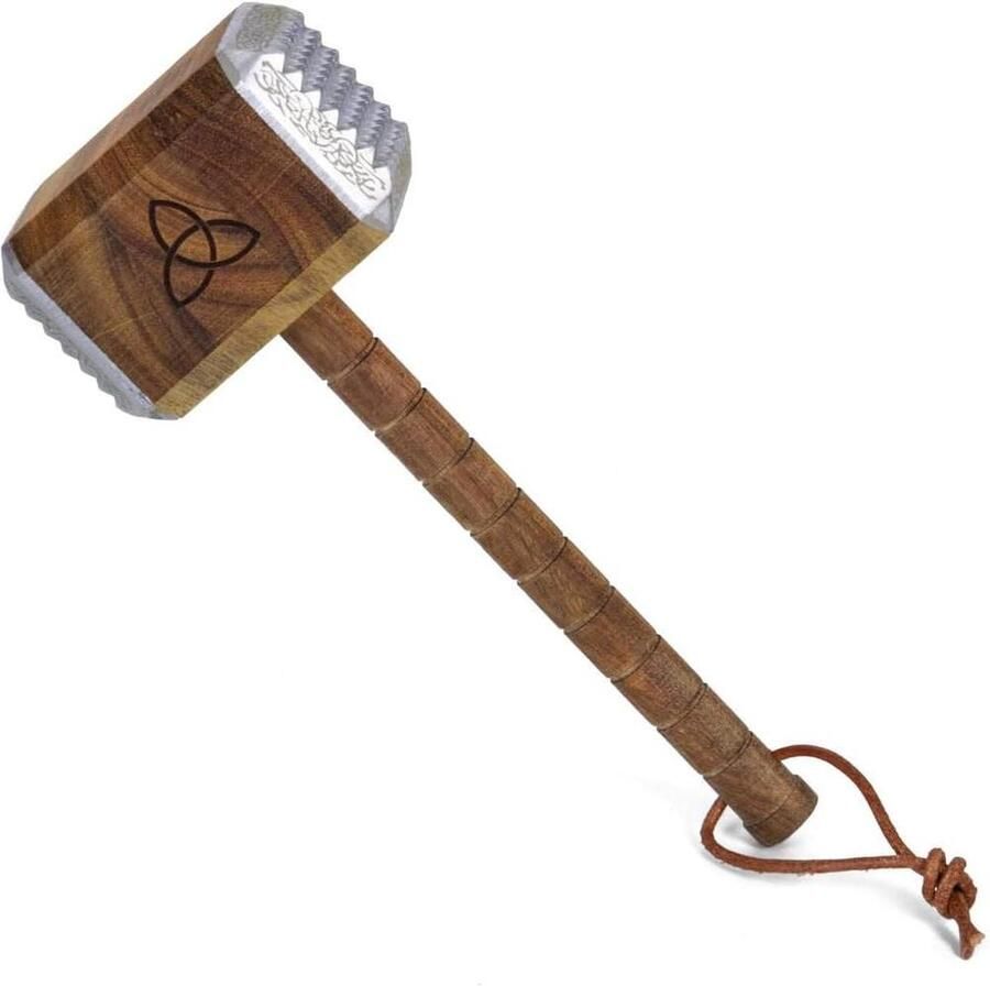 Vleeshamer Mjölnir Thor hamer voor vlees acaciahouten hamer met dubbelzijdige aluminium doppen en runenversiering
