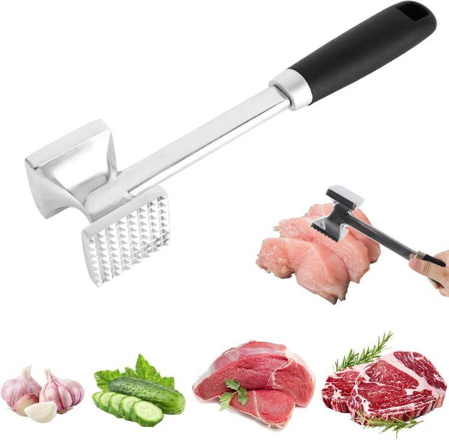 Vleeshamer zwaar belastbaar roestvrij staal vleeshamer 26 cm schnitzelklopper dubbelzijdig met plat en gekarteld slagoppervlak voor alle vleessoorten