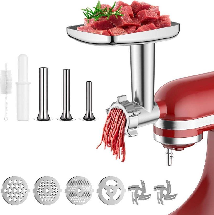 Vleesmolen-opzetstuk voor KitchenAid blender inclusief 3 worstvulhoorns 2 slijpmessen 4 maalschijven gemakkelijk te monteren met reinigingsborstel