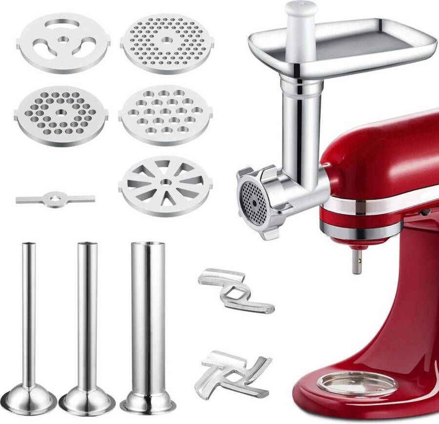 Vleesmolen opzetstuk voor KitchenAid PHISINIC keukenmachines 3 worstvullers 2 maalmessen 5 maalschijven