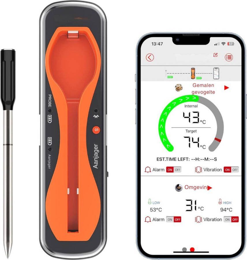 Vleesthermometer BBQ thermometer Oventhermometer Draadloos & Bluetooth 150M Bereik Oranje