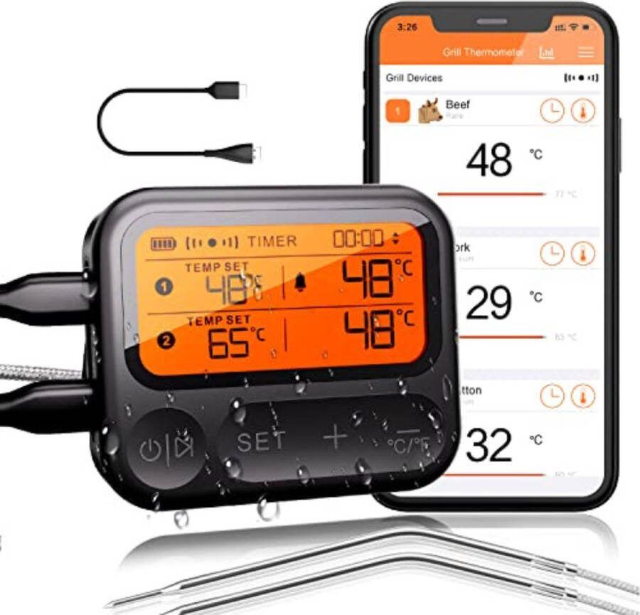 Vleesthermometer Bluetooth Vleesthermometer Digitaal Vleesthermometer Draadloos Vleesthermometer Oven Vleesthermometer met App