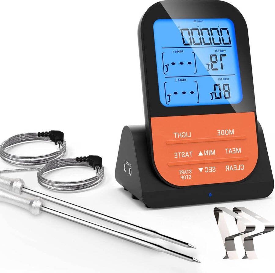 Vleesthermometer digitaal Draadloze magnetisch met timer lcd-display 2 sondes kerntemperatuur steak oven tuin BBQ camping grill