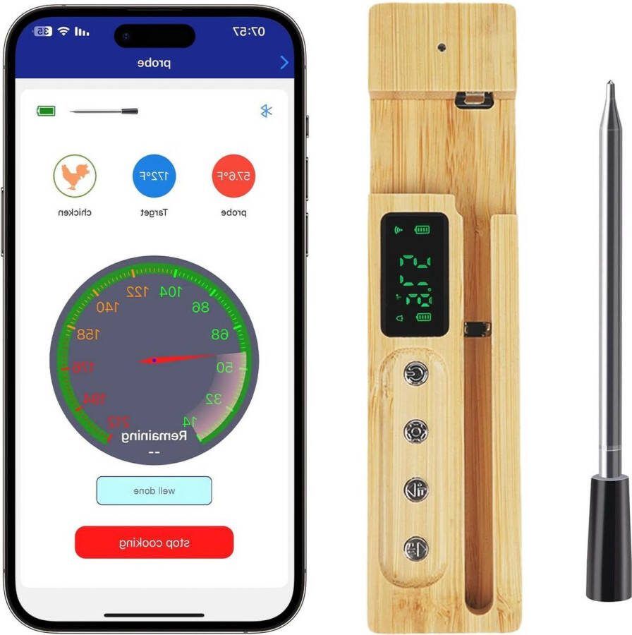 Vleesthermometer Draadloos 200 meter Bluetooth IP67 Voor Oven Grill Rookoven Rotisserie Airfryer Vaatwasserbestendig