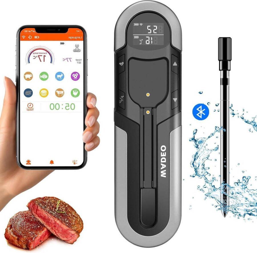 Vleesthermometer draadloos Bluetooth barbecuethermometer voor grillen- en roken met temperatuursensoren en dubbel alarm IP66-Vleesthermometer voor oven en airfryer