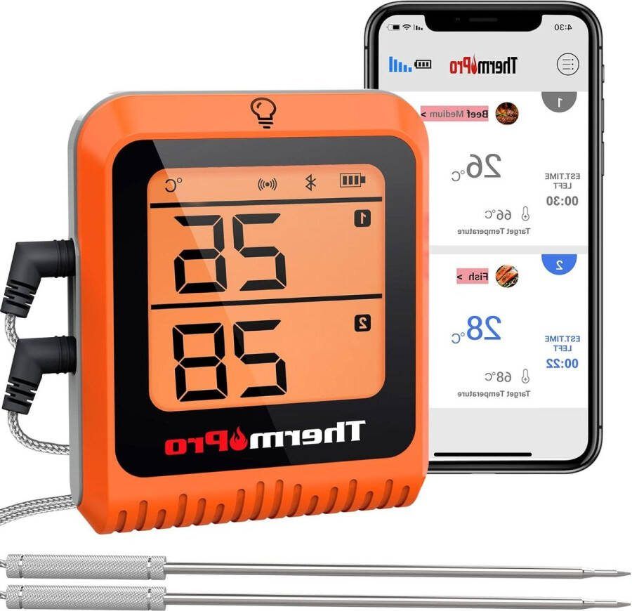 Vleesthermometer Draadloze Bluetooth-thermometer voor barbecue en vlees bereik van 150 m oplaadbaar slimme app twee temperatuursondes koken grillen oven roker kalkoen rundvlees