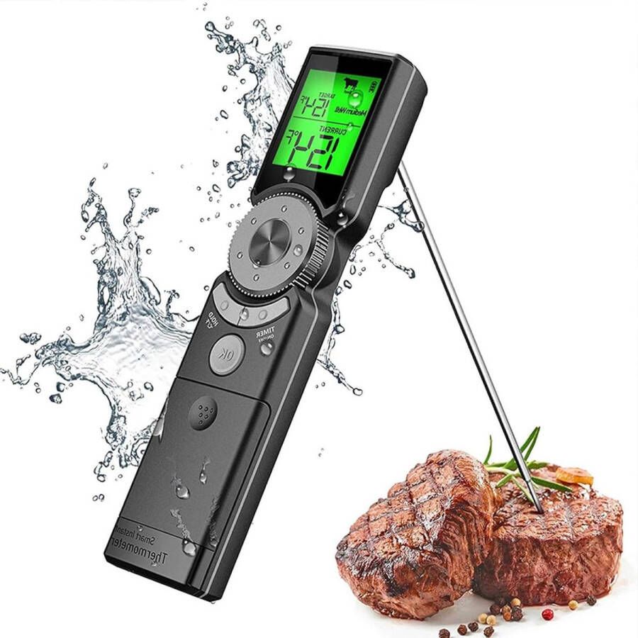 Vleesthermometer Intelligente Grillthermometer Waarschuwing Hoge Temperatuur Timer Opvouwbare Sonde Display Achtergrondverlichting Drie Kleuren Thermometer Keuken Grill