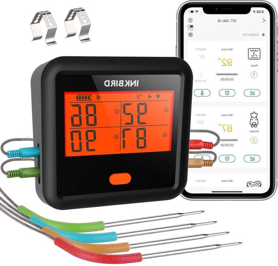 Vleesthermometer Keukenthermometer Bluetooth 4 Sondes BBQ IDT-34C-B