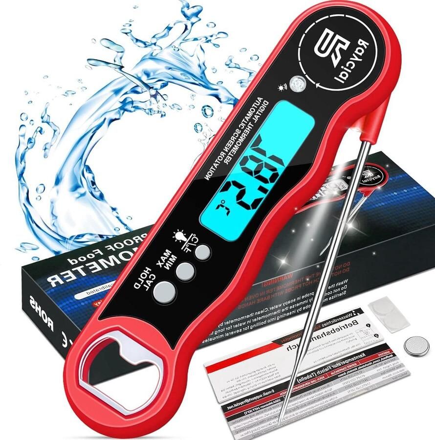 Vleesthermometer Keukenthermometer digitale braadthermometer 3 seconden direct uitlezen IPX7 waterdicht grillthermometer opvouwbare lange sonde lcd-scherm keuken koken vlees melk BBQ