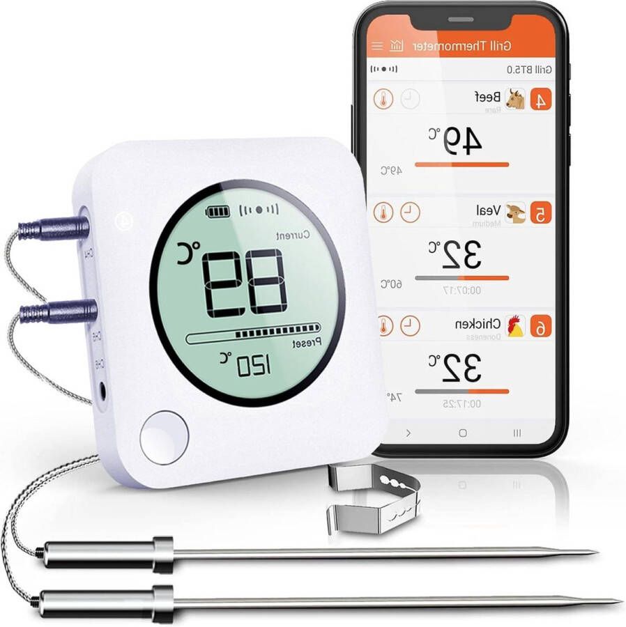 Vleesthermometer Keukenthermometer Digitale draadloze afstandsbediening BBQ-thermometer met timerfuncties 2 sondes Instant Read Food Meat Thermometer voor roker grillen oven keuken ondersteuning iOS & Android