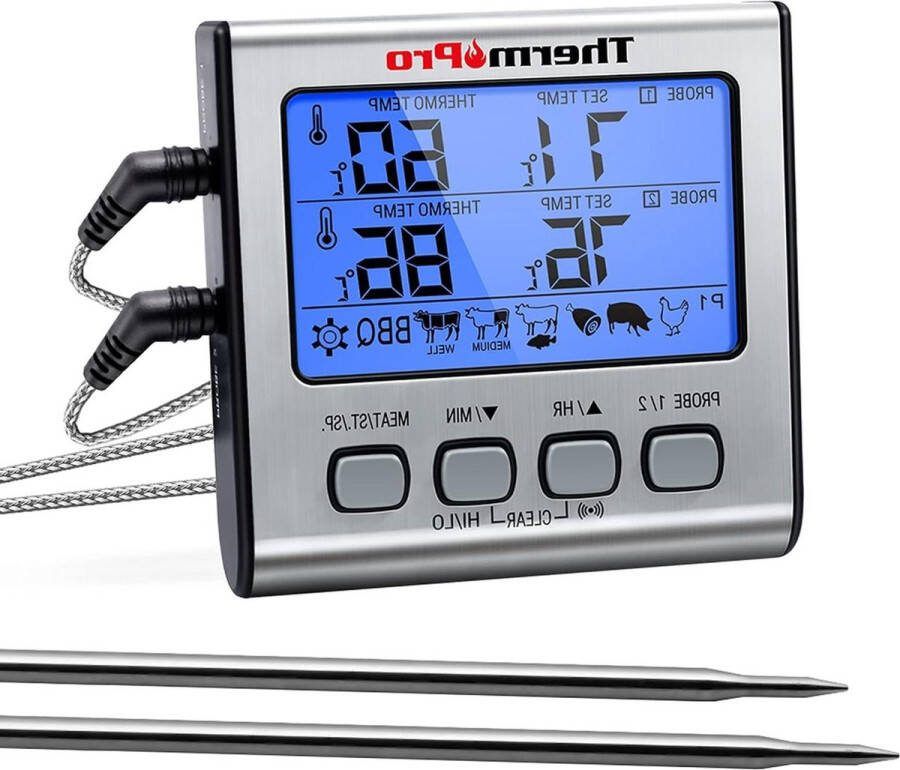 Vleesthermometer Keukenthermometer Digitale grillthermometer braadthermometer vleesthermometer oventhermometer met timer twee roestvrijstalen sondes blauwe achterverlichting temperatuurbereik tot 300 °C met timer roestvrijstaal