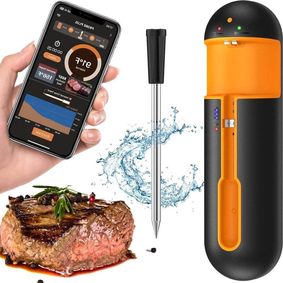 Vleesthermometer Keukenthermometer draadloos bluetooth IP67 oplaadbaar met app voor oven grill pan friteuse oranje-zwart