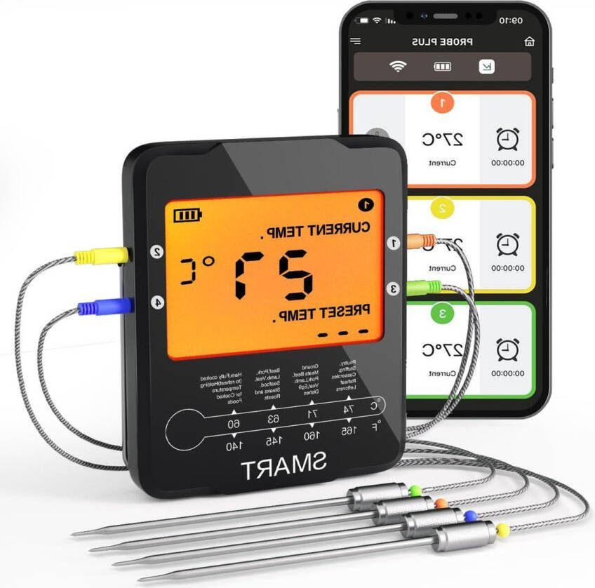 Vleesthermometer Keukenthermometer Draadloze digitale BBQ-thermometer slimme kookthermometer met 4 sondes voor roker grillen barbecue-oven keuken ondersteuning iOS & Android