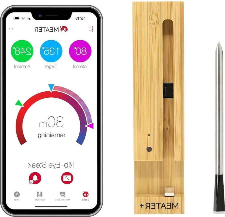 Vleesthermometer Keukenthermometer Slimme Draadloze 50m Lang Bereik Voor Oven Gril Keuken Barbecue Rookoven en of Rotisserie Met Digitale Connectiviteit Bluetooth WiFi
