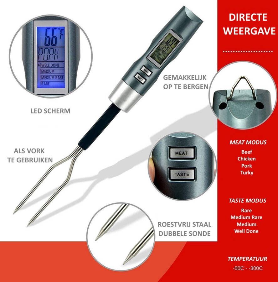 Vleesthermometer met vork functie Digitaal en draadloos LED display en Alarm Meerdere presets Vleesvork BBQ keuken oven thermometer| RVS Binnen- of Buitengebruik Ultrasnel INCLUSIEF BATTERIJEN!