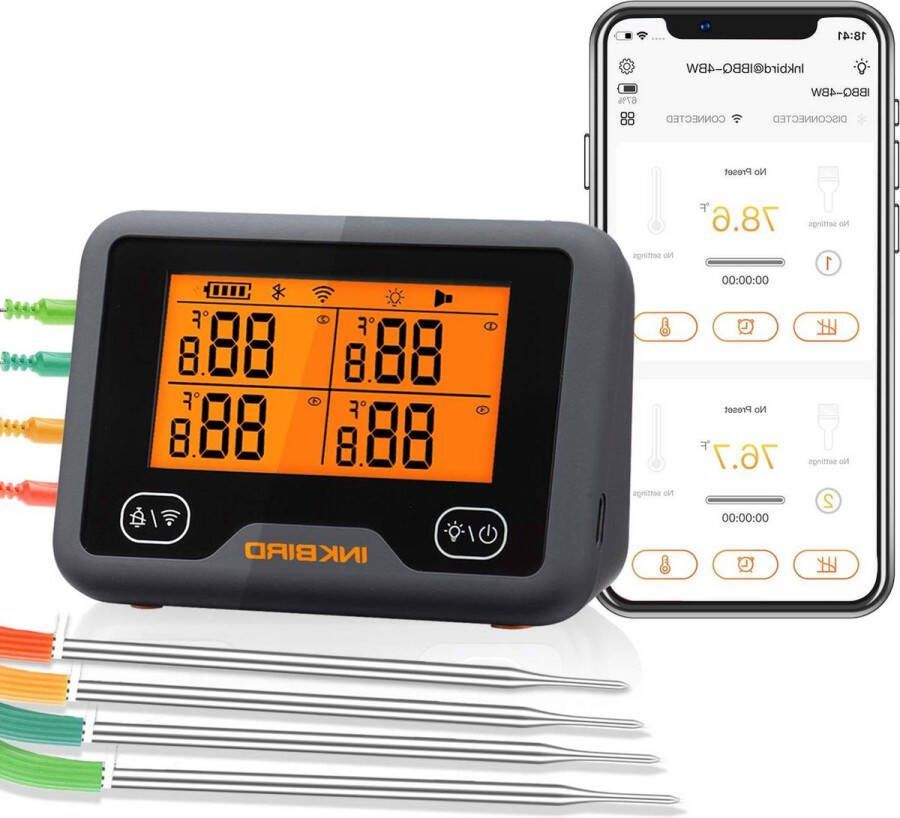 Vleesthermometer Oplaadbaar Draadloos BBQthermometer 4 probes Roker Oven Keuken Wi-Fi Bluetooth