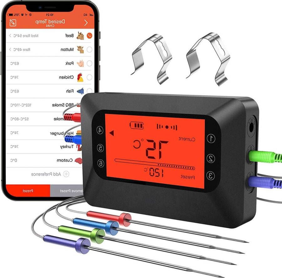 Vleesthermometer voor de barbecue 4 sensoren grillthermometer achtergrondverlichting 100m afstandsbediening braadthermometer timer alarm oven. Thermometer oven