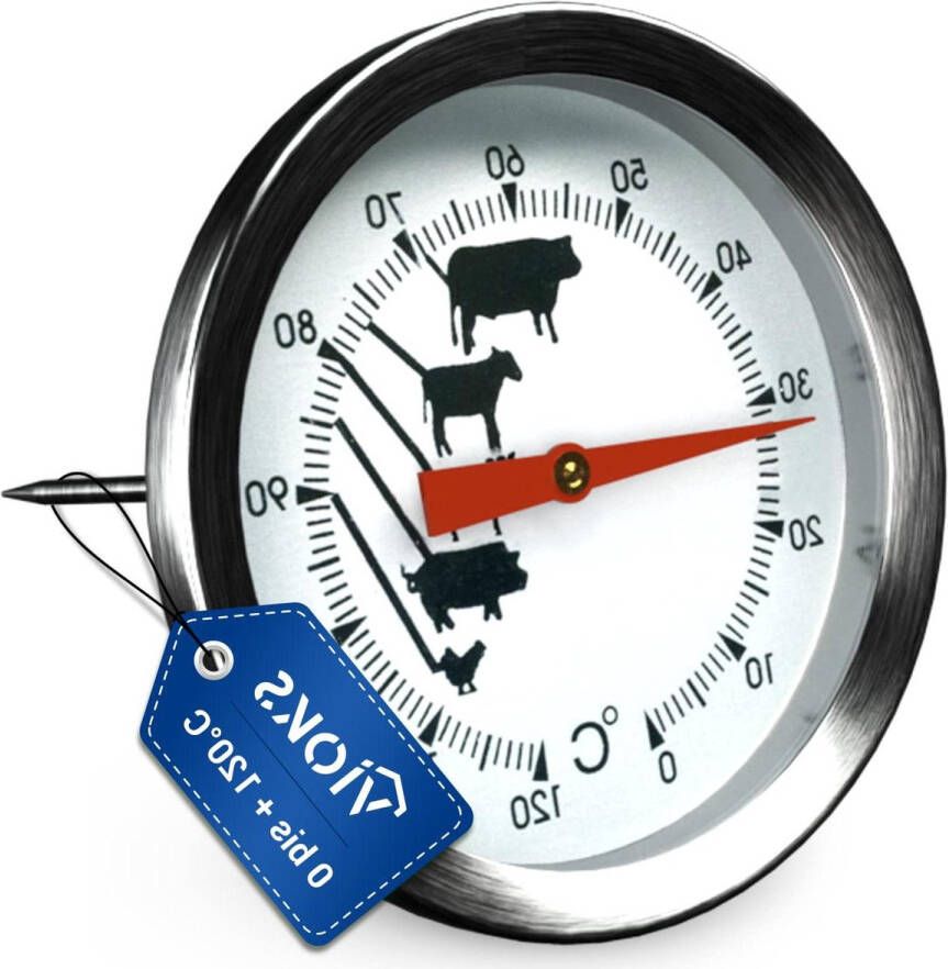 Vleesthermometer voor oven 0 tot +120 °C roestvrij stalen steakthermometer 43 mm Ø met insteeksensor 130 mm vleesthermometer voor exacte temperatuurmeting van verschillende vleessoorten
