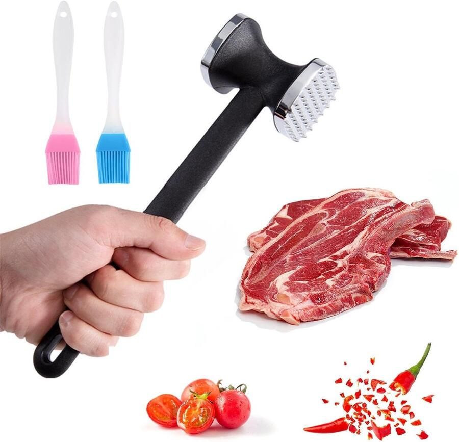 Vleesvermalser Dubbelzijdige vleeshamer Ergonomisch handvat Herbruikbaar met borstels voor steakkippenkarbonades (zwart + zilver)