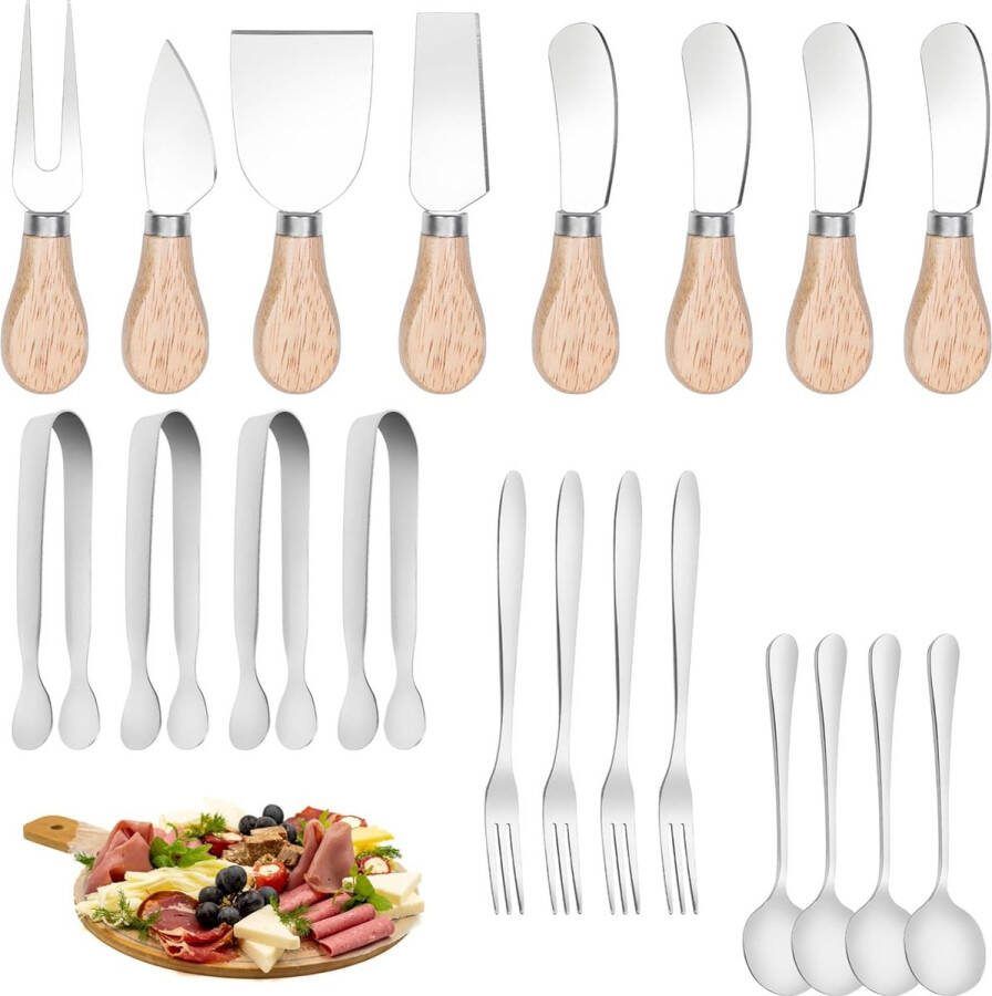 Vleeswaren & Kaasplank Accessoires [20 Pak] 4 Botermessen 3 Kaasmessen 1 Kaasvork 4 Lepels 4 Vorken & 4 Tangen Voedselgraad Roestvrij Staal Premium Bestek Set