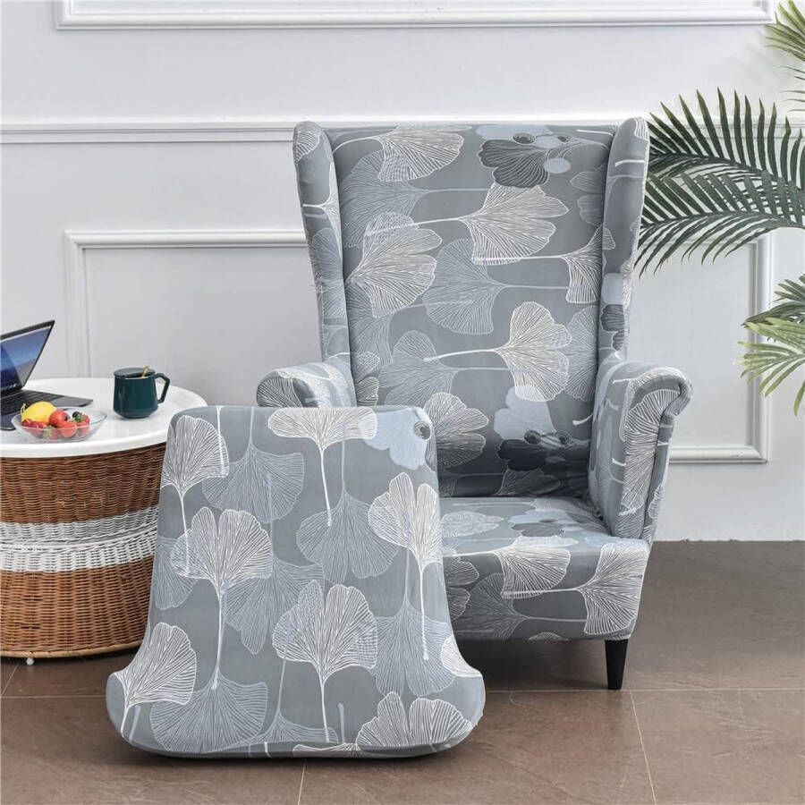 Vleugelstoelhoezen 2-delig met hoes voor poef rekbare hoes wasbare hoes van elastaan meubelbeschermer voor fauteuil stoelen slaapkamer hotel (ginkgo biloba)