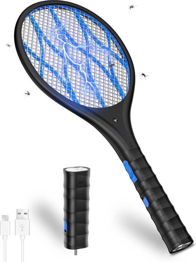 Vliegenmepper 4000V USB Oplaadbare Batterij LED-licht Verwijderbare Zaklamp 3-laags Beschermend Net Fly Zapper voor binnen en buiten Zwart met CONOPU Vliegenmepper