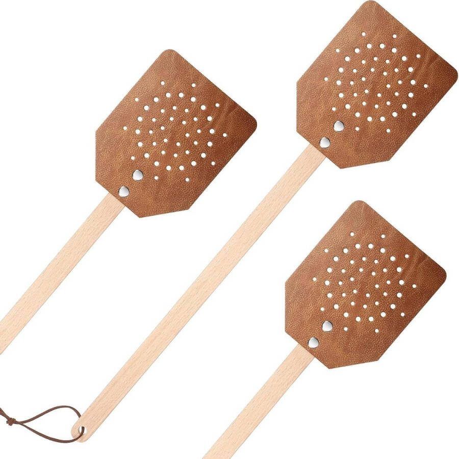 Vliegenmepper Heavy Duty Lederen Fly Swatter Fly Swat Rustieke Handleiding Insect Mosquito Wesp Ongediertebestrijding Rustiek Ontwerp 19 Inch Lange Houten Handvat Bruin 3 Stuks Met Vliegenbestrijding