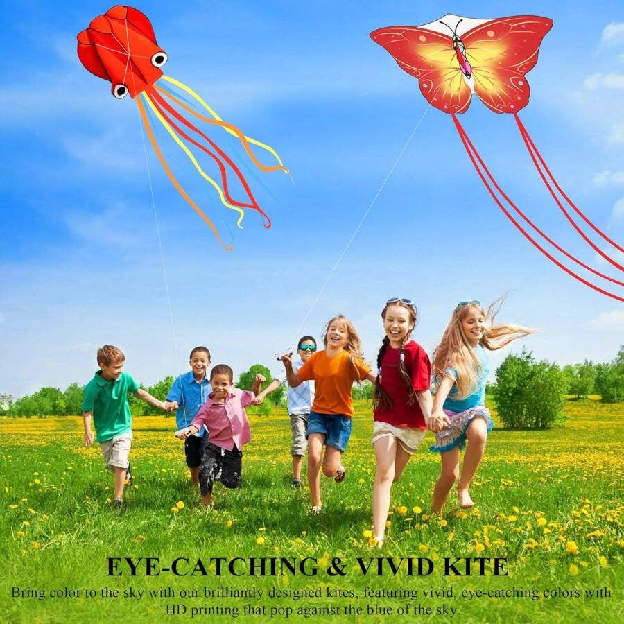 Vlieger 3 Pack Kites-Grote Regenboog Delta Kite-Vlinder Kites-Rode Mollusc Octopus met Lange Kleurrijke Staart