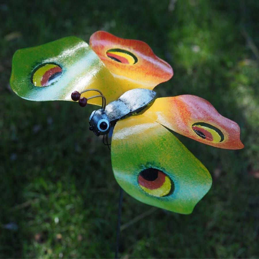 Vlinder groen oranje tuinsteker metaal 60 cm