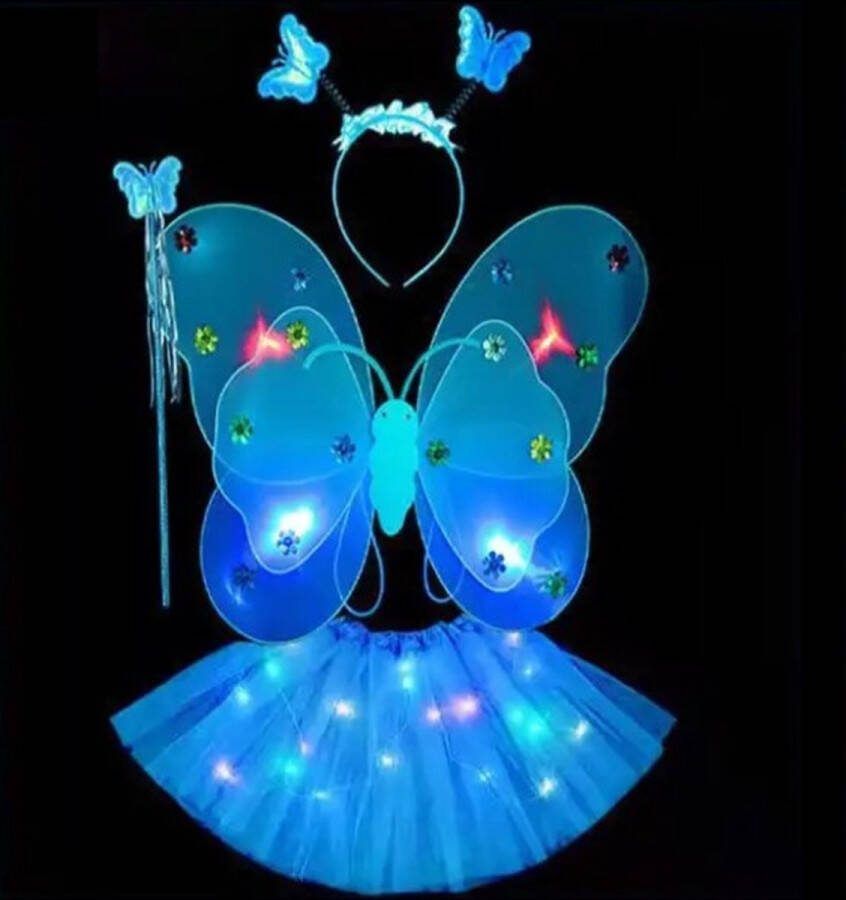 Vlindervleugels Blauw – verkleedset met lichtgevende vlinder vleugeltjes met LED lampjes – fee prinses verkleden – 4-delig (vleugeltjes haarband toverstaf rokje)