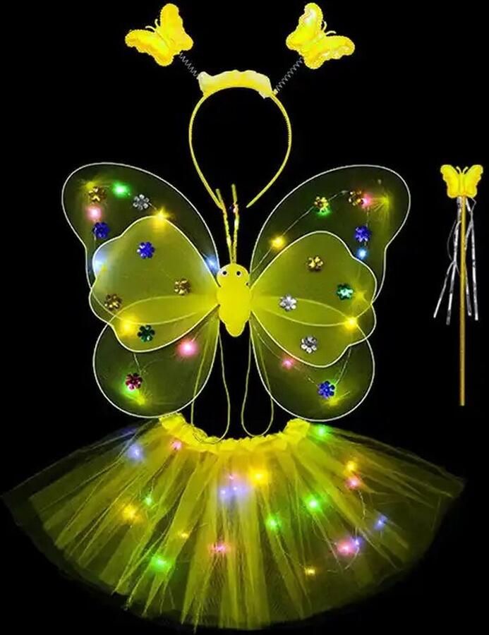 Vlindervleugels GEEL – verkleedset met lichtgevende vlinder vleugeltjes met LED lampjes – fee prinses verkleden – 4-delig (vleugeltjes haarband toverstaf rokje)